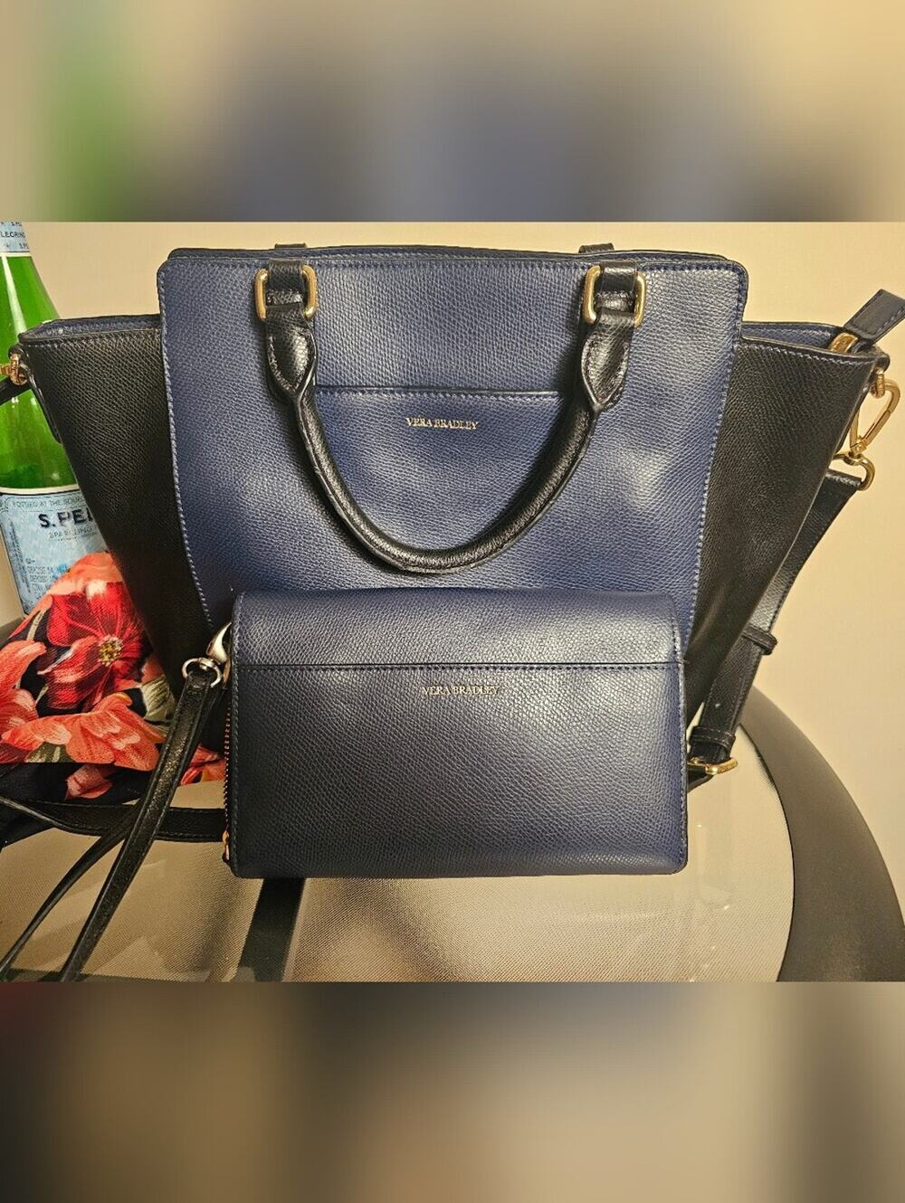 Vera Bradley Morgan Satchel in Blue and Black Colorblock with Matching Wallet